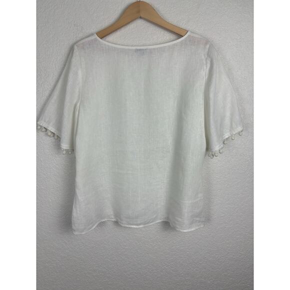 Talbots Linen Women’s Blouse Size Medium White Pom Pom Beachy Breathable Preppy - Picture 6 of 9